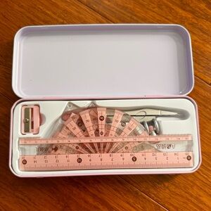 NEW Kawaii Stationary 8pc SET Geometry Math Kit Protractor Ruler Pencil Tin Pink